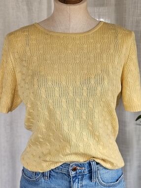 Marisa Christina Cashmere Silk Cable Knit T-shirt Yellow Short Sleeve Sweater